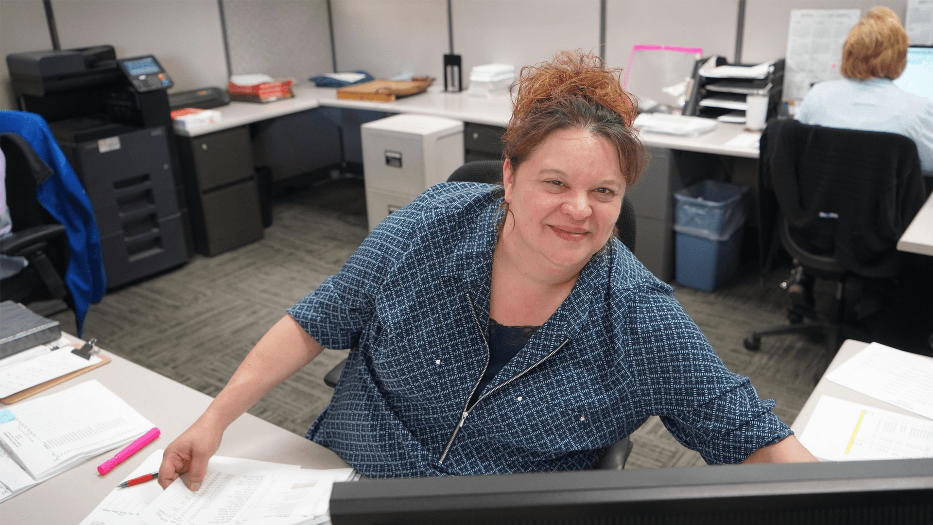 Vickie Ault, CITY Laundering's Accounting Office Assistant, working at the Oelwein office. 