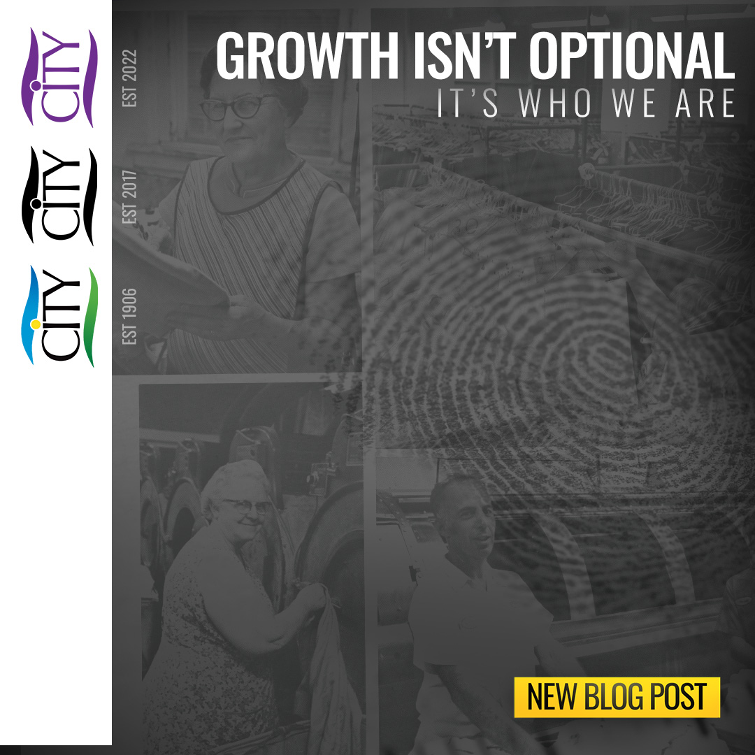 employee photos, division logos with founding years, and the message “Growth isn’t optional. It’s who we are” with a fingerprint overlay, promoting a new blog post.